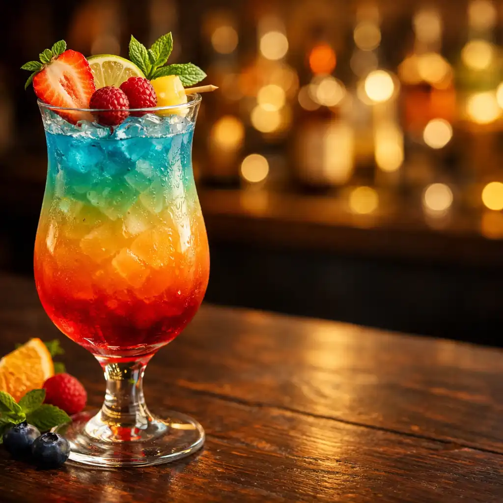 Színes alkoholmentes koktél elegáns pohárban, friss gyümölcsökkel és fűszernövényekkel díszítve