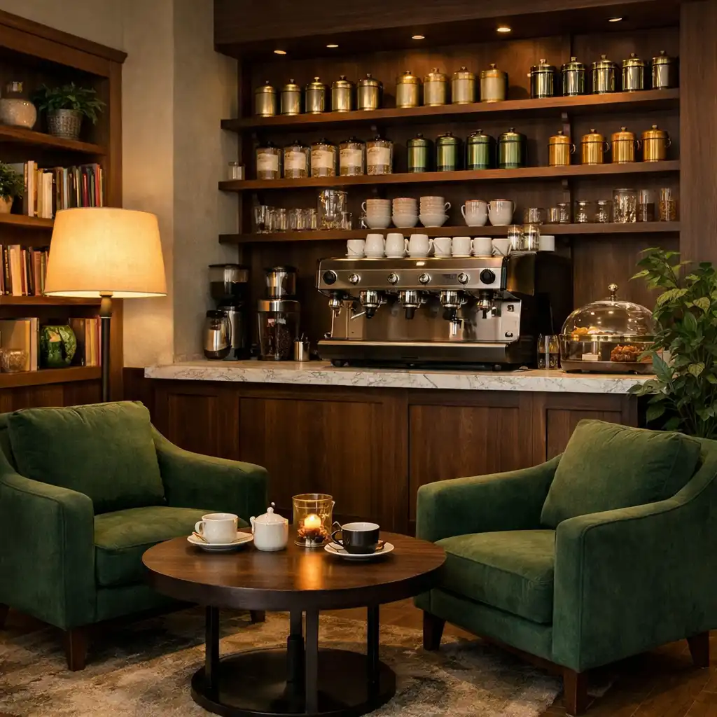 Az Etel Muhelly kávézó és tea sarka barista pulttal, kényelmes erdőzöld fotelekkel és meleg állólámpa fénnyel