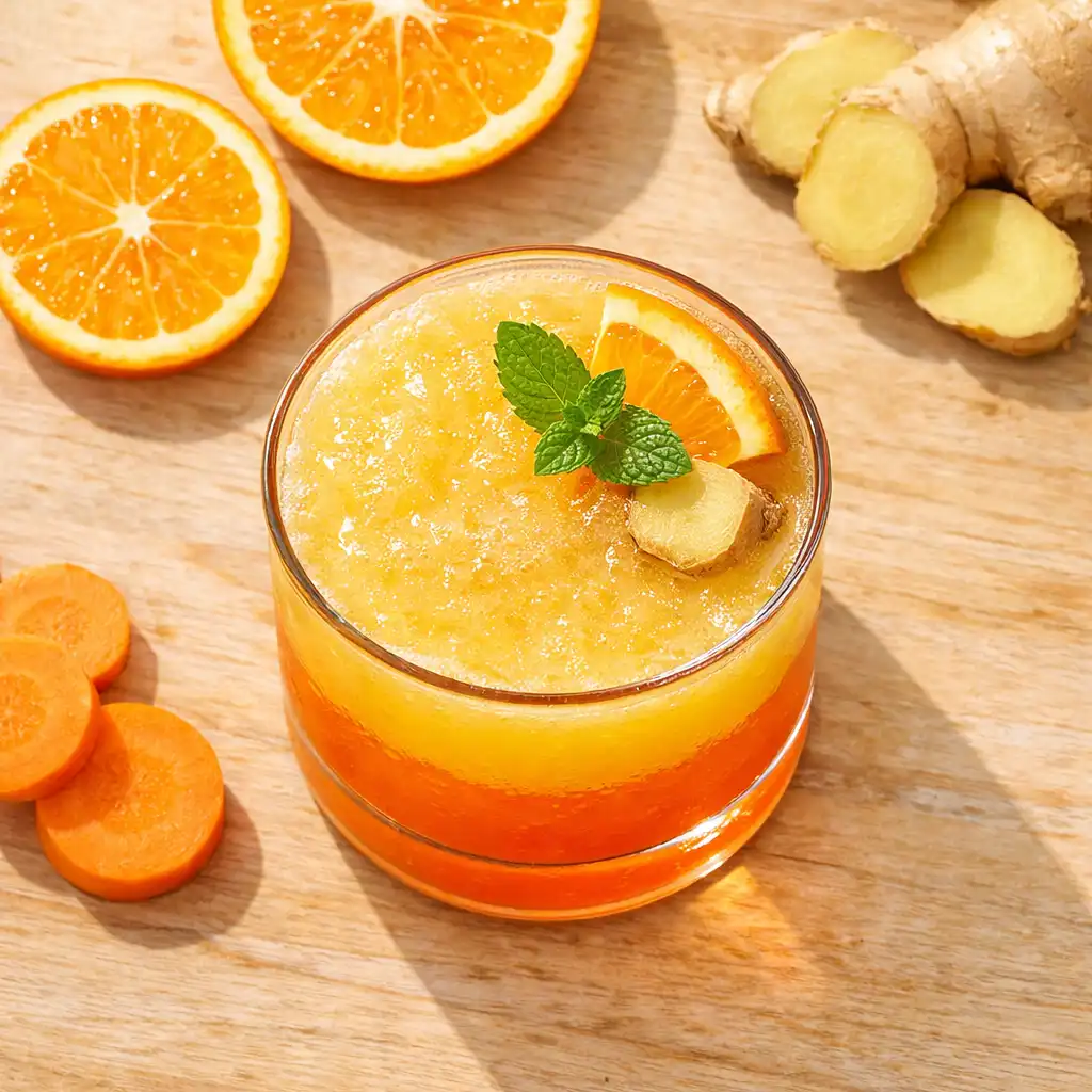 Arany naplemente alkoholmentes koktél sárgarépa, narancs és gyömbér rétegekkel